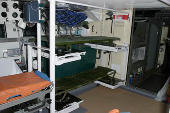 Interior view with stretchers with exit to wheelhouse and bowramp to the right